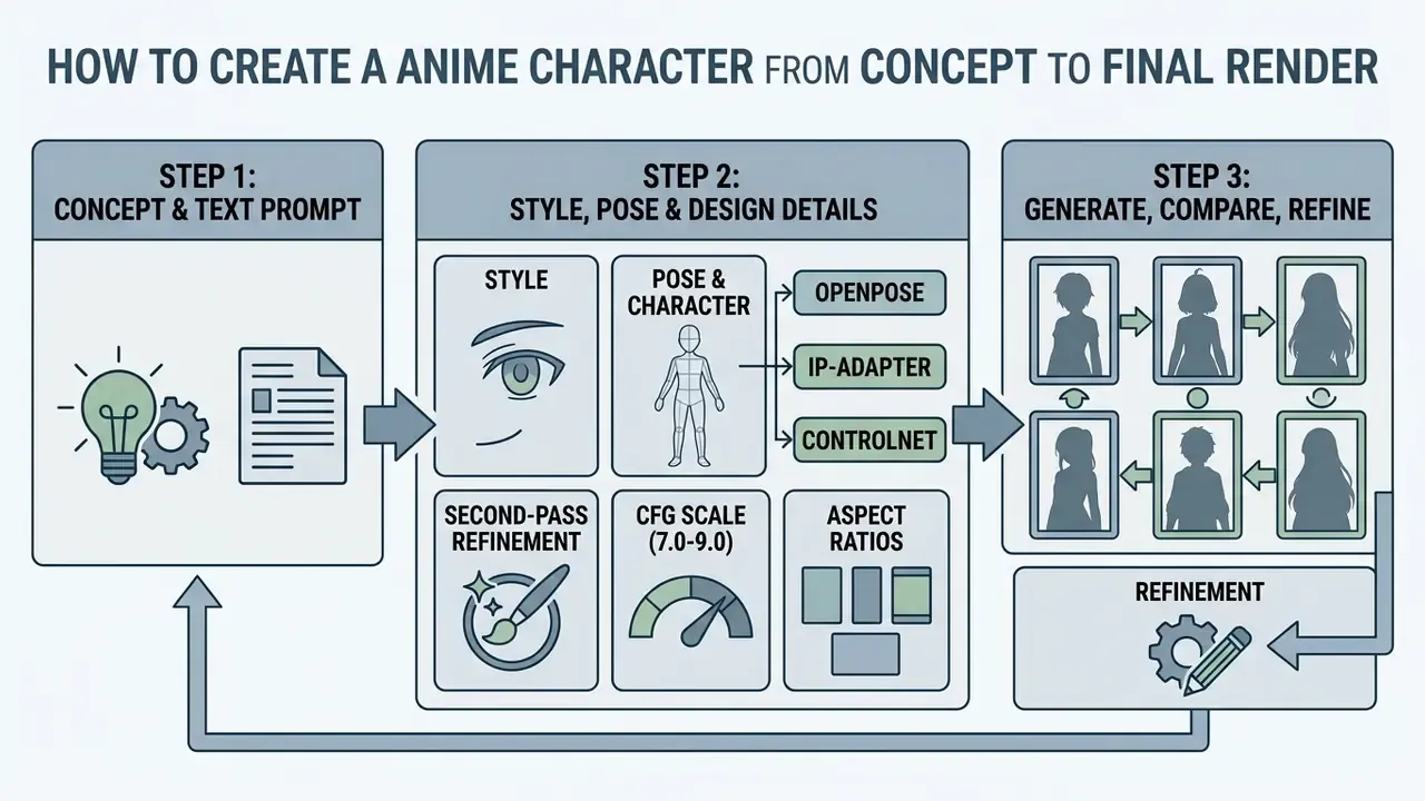 Three-step workflow diagram for using an anime character generator to create and refine digital artwork