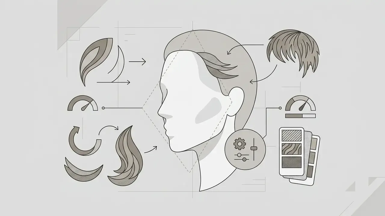 Stylized head profile surrounded by icons for adjusting hair length, texture, style, and color options