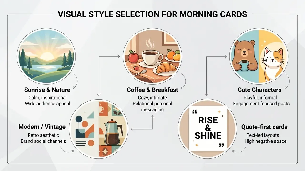 Diagram showing five distinct visual styles for creating good morning AI images