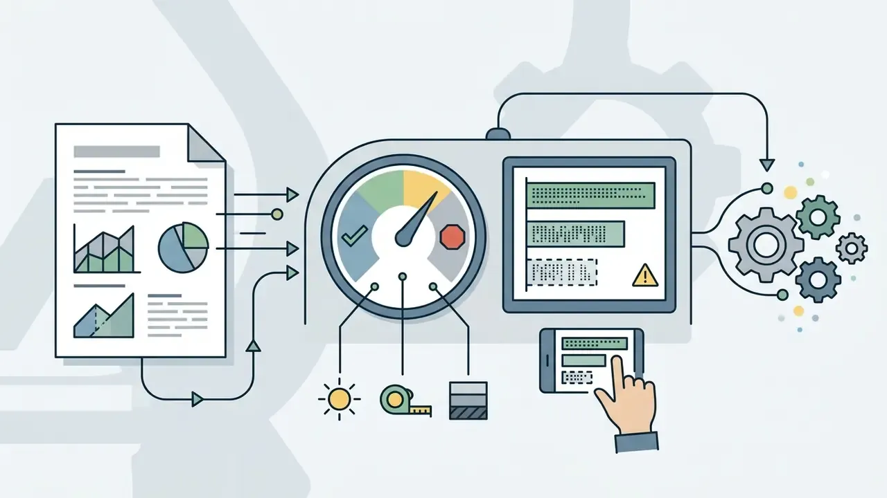 Document data feeding into a gauge and screen to test text legibility on a mobile device