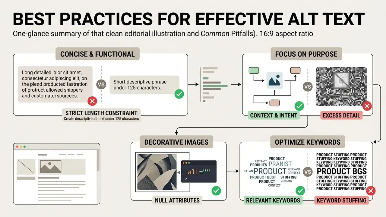 Infographic comparing effective versus poor alt text strategies for accessibility and SEO