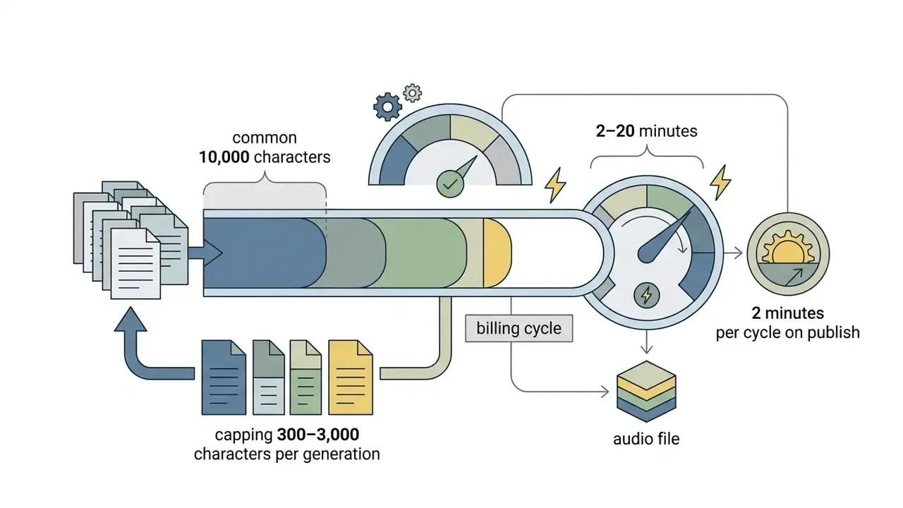 Documents moving through a processing pipeline with gauges indicating character and time limits