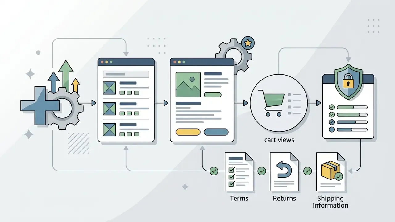 Workflow of an online store showing product catalogs, cart views, and checkout pages with policy documents