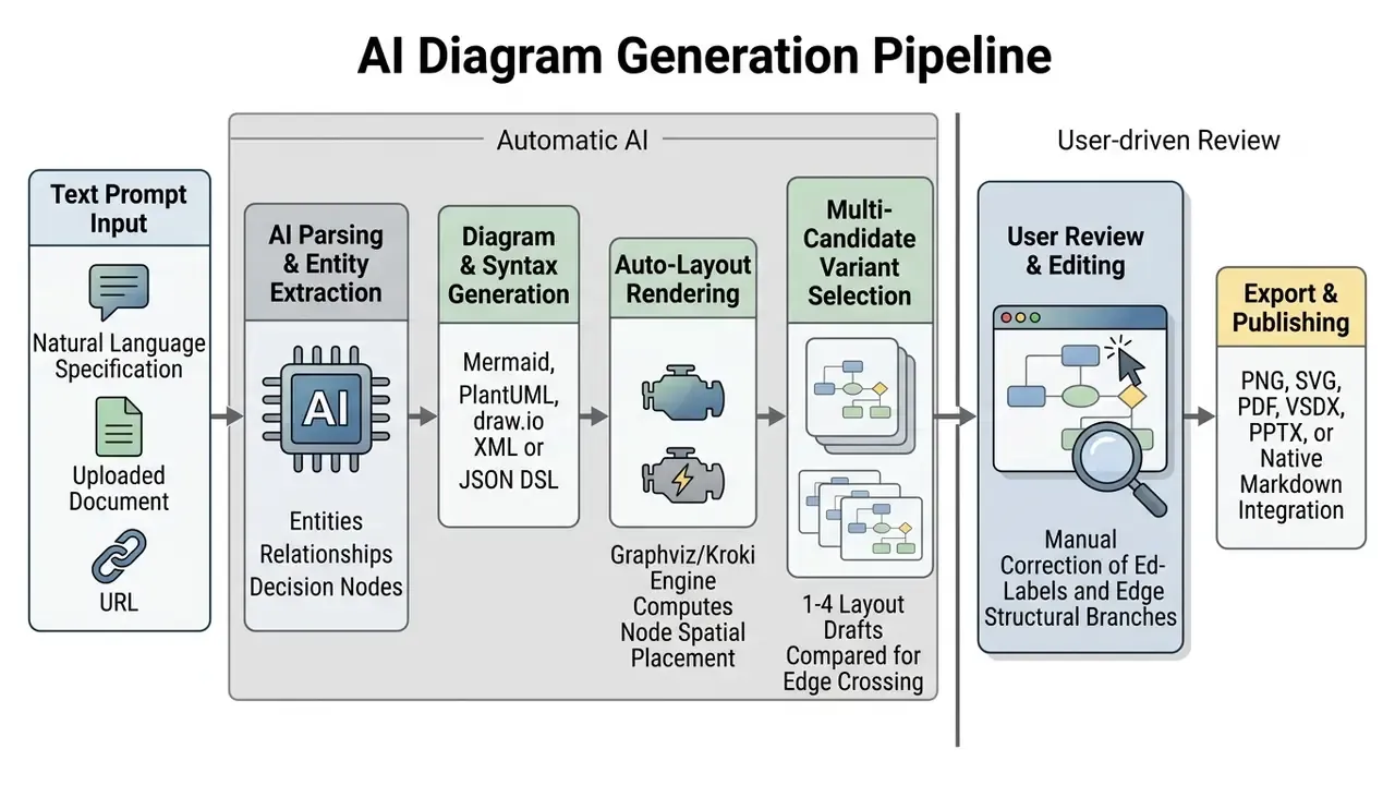 Diagram showing the progression from text input through AI parsing and layout rendering to final user review