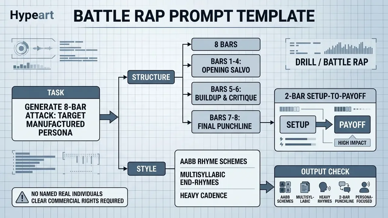 Structured prompt template for an AI rap lyrics generator defining verse structure and stylistic requirements