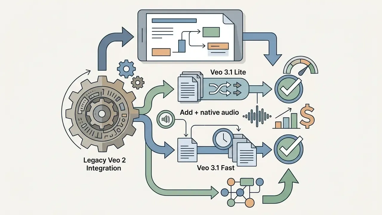 Legacy integration gears feeding into Veo 3.1 Lite and Fast models to produce audio and cost savings