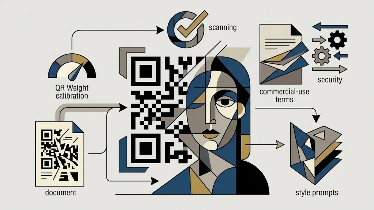 Cubist portrait integrated with a QR code surrounded by icons for calibration, scanning, and style prompts