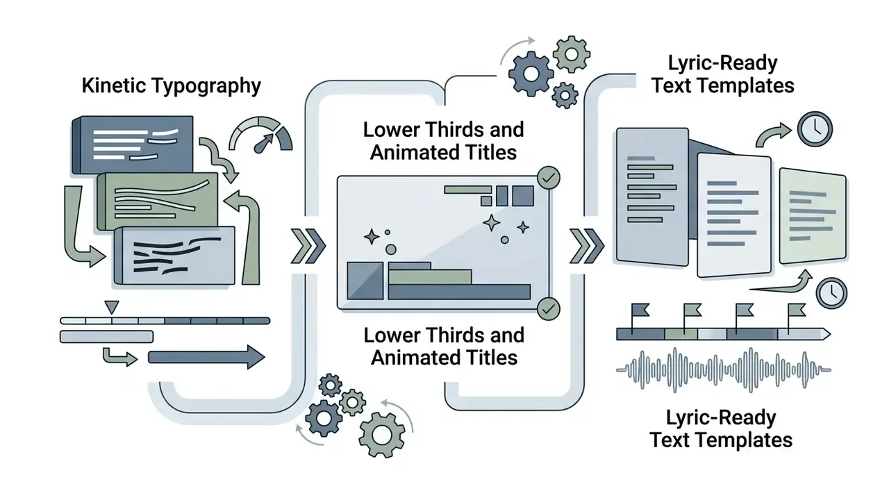 Workflow showing kinetic typography, animated titles, and text templates synced to audio timelines