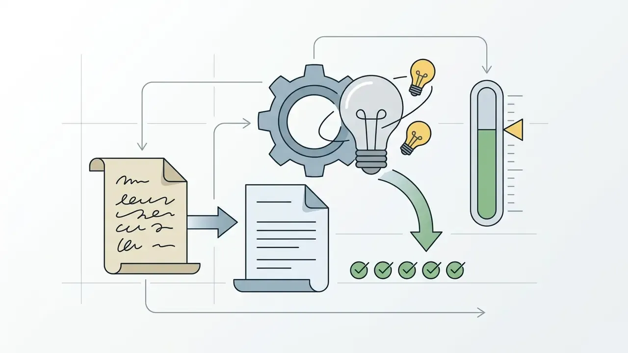 Flowchart showing a document being processed through a gear and lightbulb mechanism to reach a status gauge