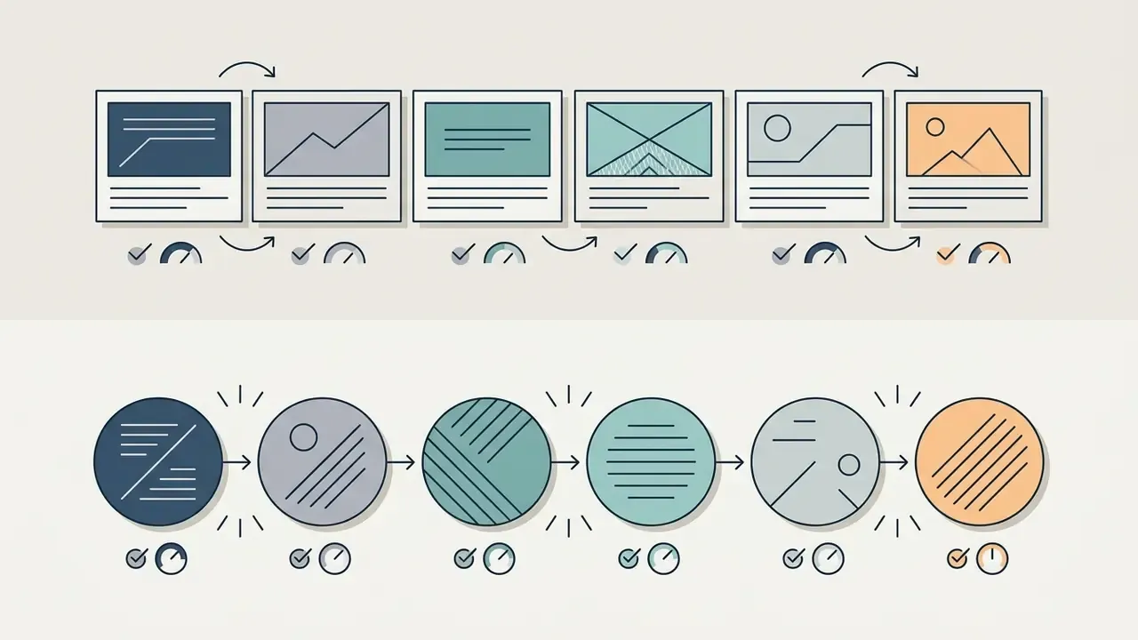 Series of rectangular slides transitioning into a row of compact circular shapes with icons