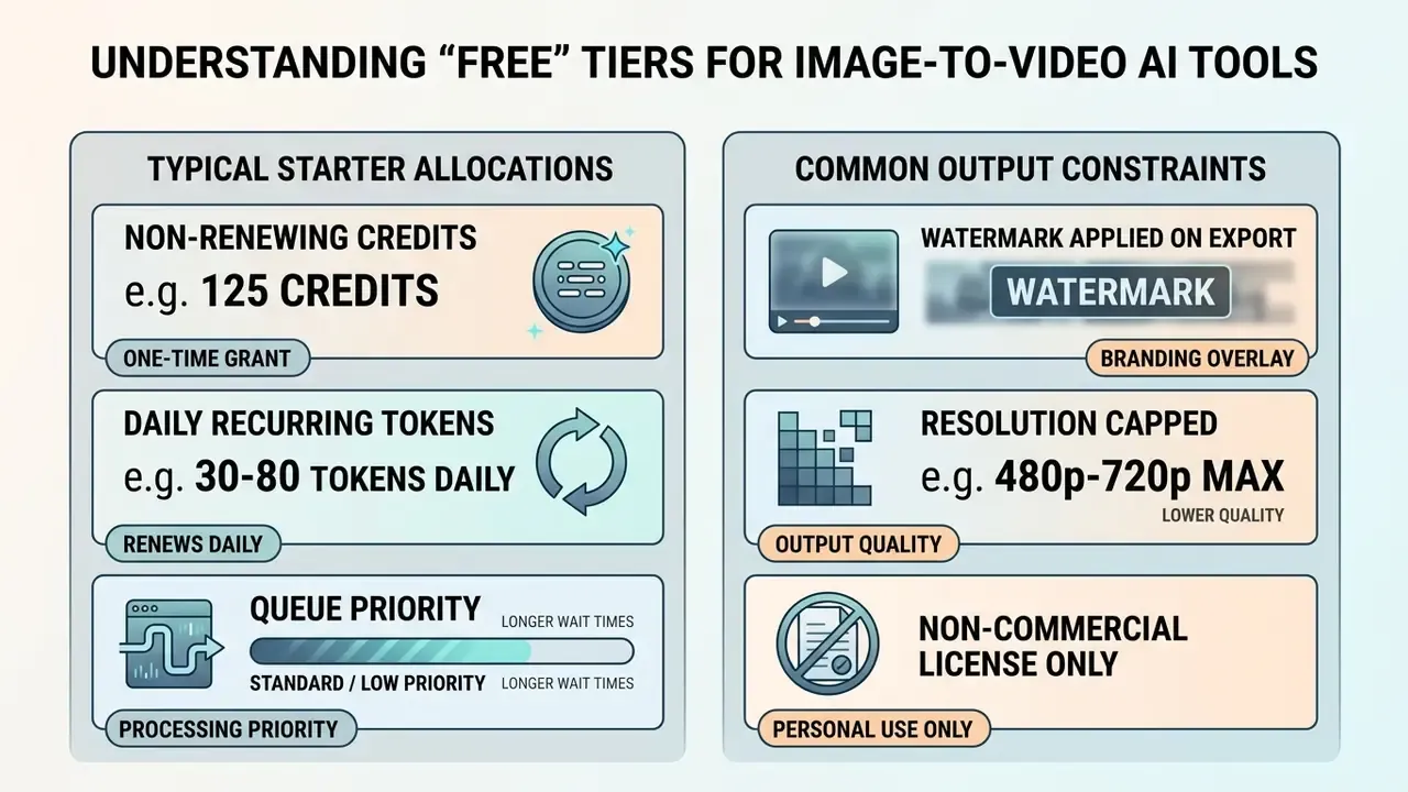 Infographic detailing typical starter allocations and output constraints for free image to video AI tools