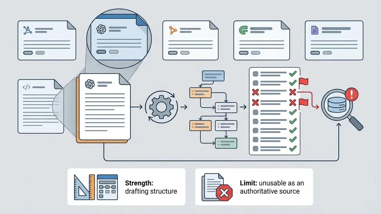 Document output processed through gears and a checklist to identify citation errors via magnifying glass