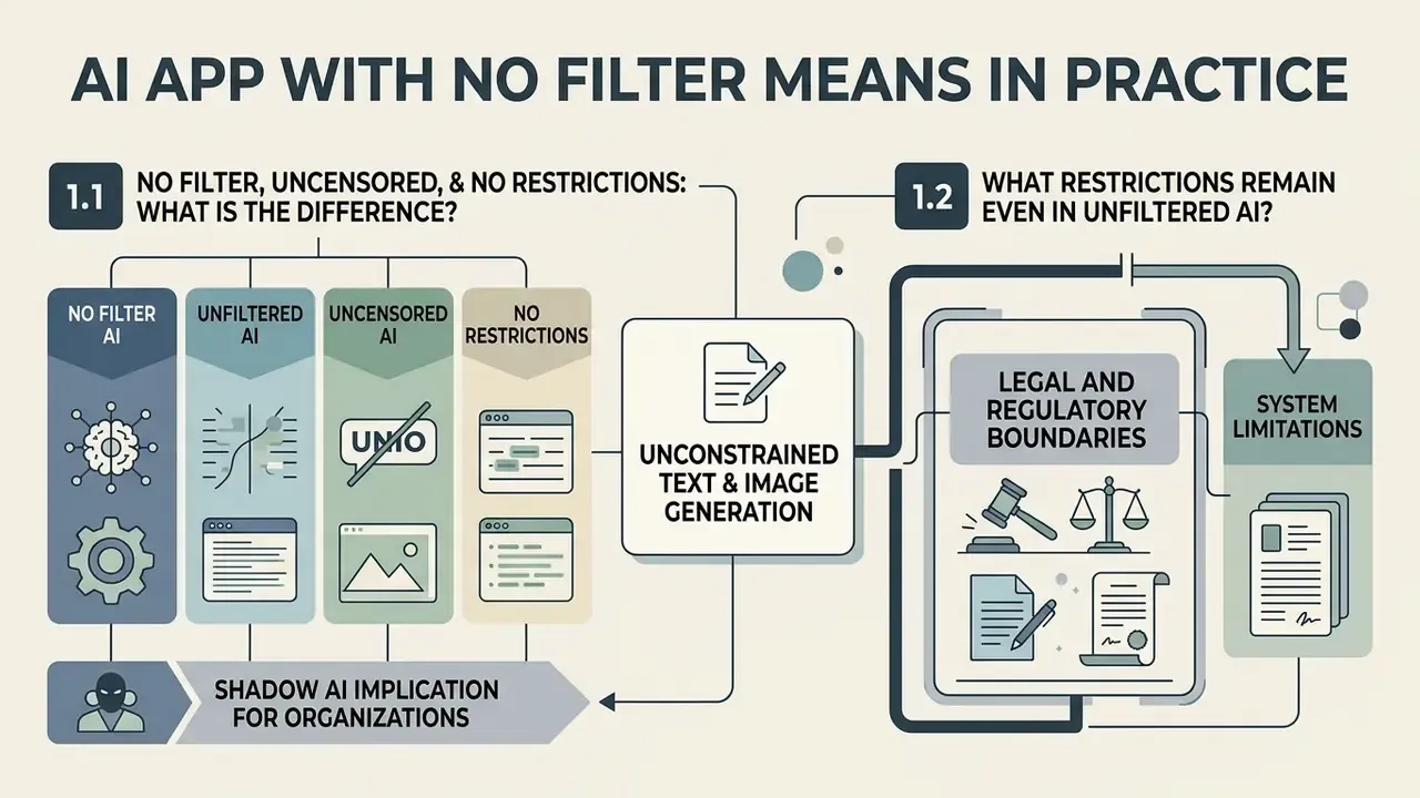Infographic showing how AI apps with no filter enable unconstrained generation despite legal boundaries