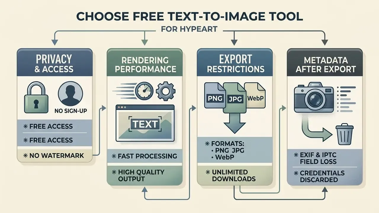 Four-column infographic comparing privacy, performance, export formats, and metadata handling for software