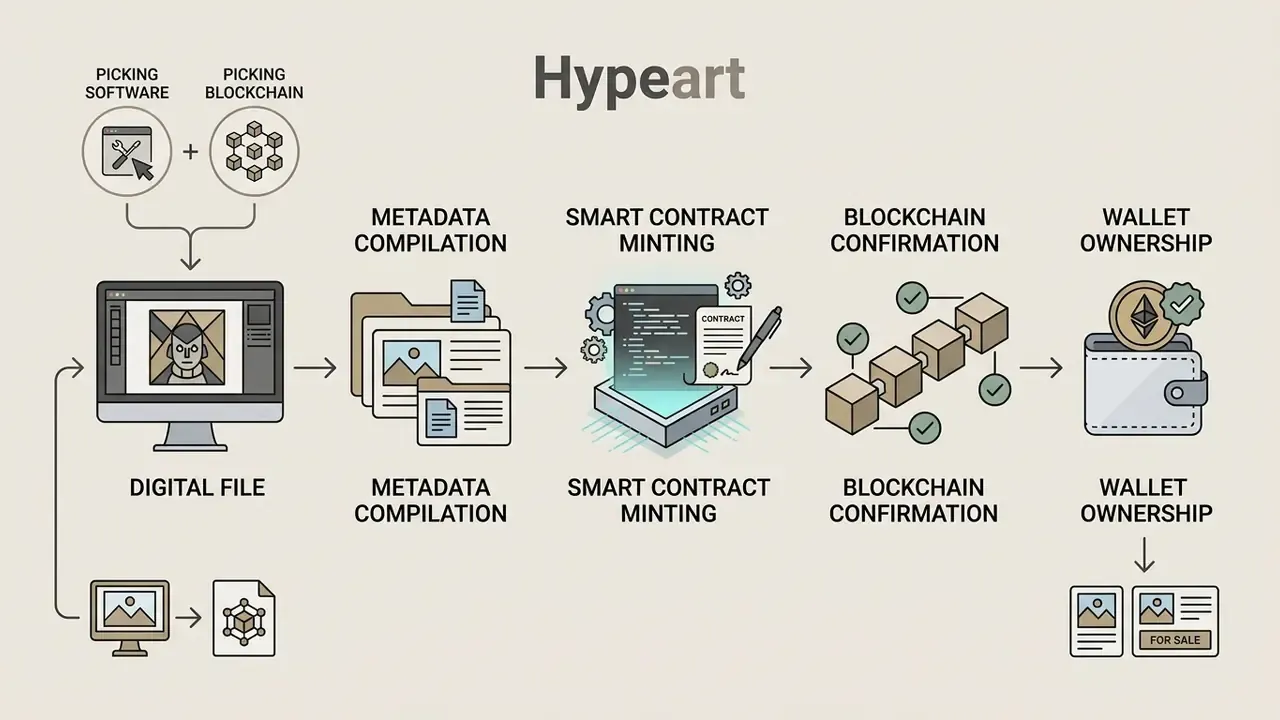 Flowchart showing the steps to create NFT art from digital file preparation to blockchain ownership