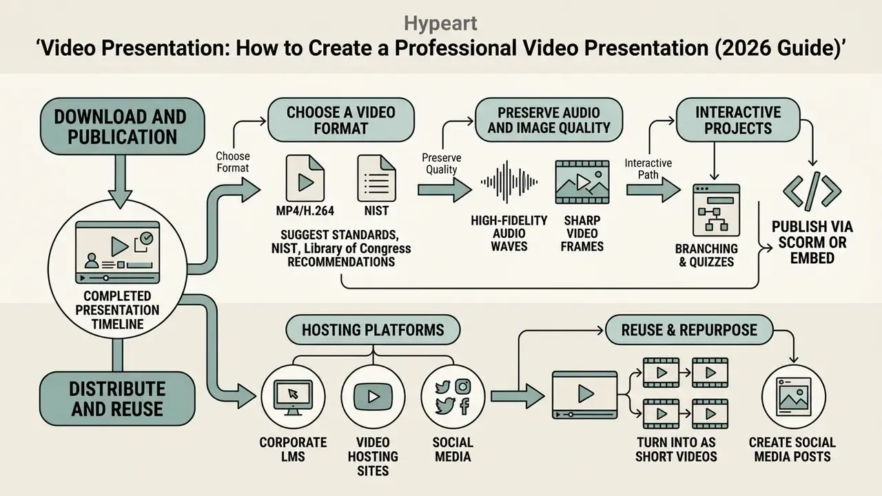 Diagram showing steps to export, host, and repurpose media files for online distribution