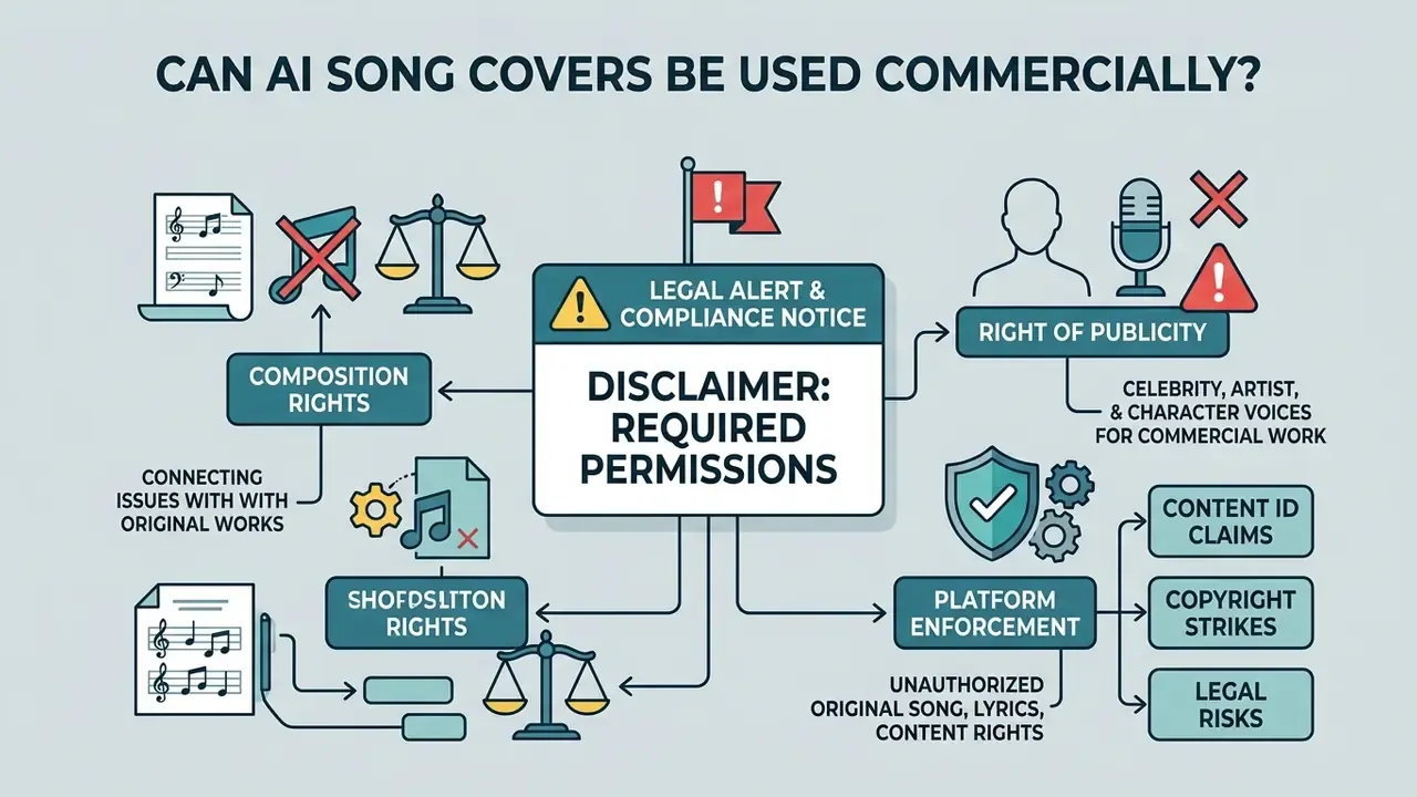 Infographic outlining legal considerations for music usage including composition rights and publicity