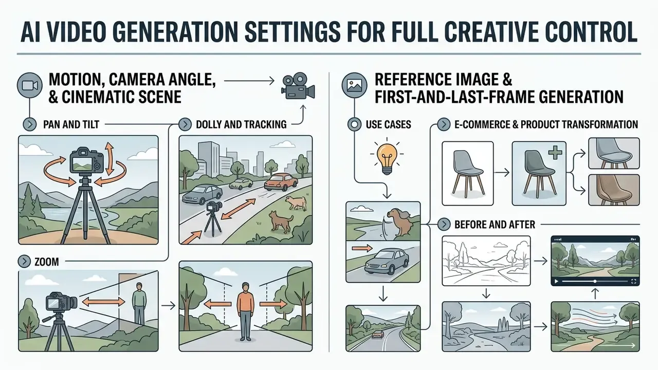 Diagram detailing camera motion controls and reference image techniques for cinematic video production