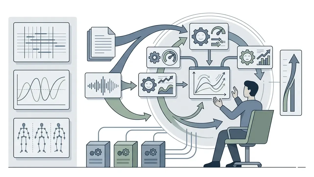 Person sitting at a computer monitoring data streams and character animation models for video production