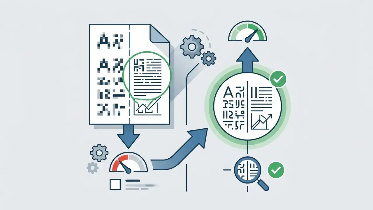 Document being scanned and processed through a performance gauge to improve text clarity