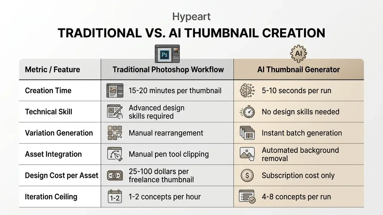Comparison table contrasting traditional design workflows with an automated AI thumbnail maker