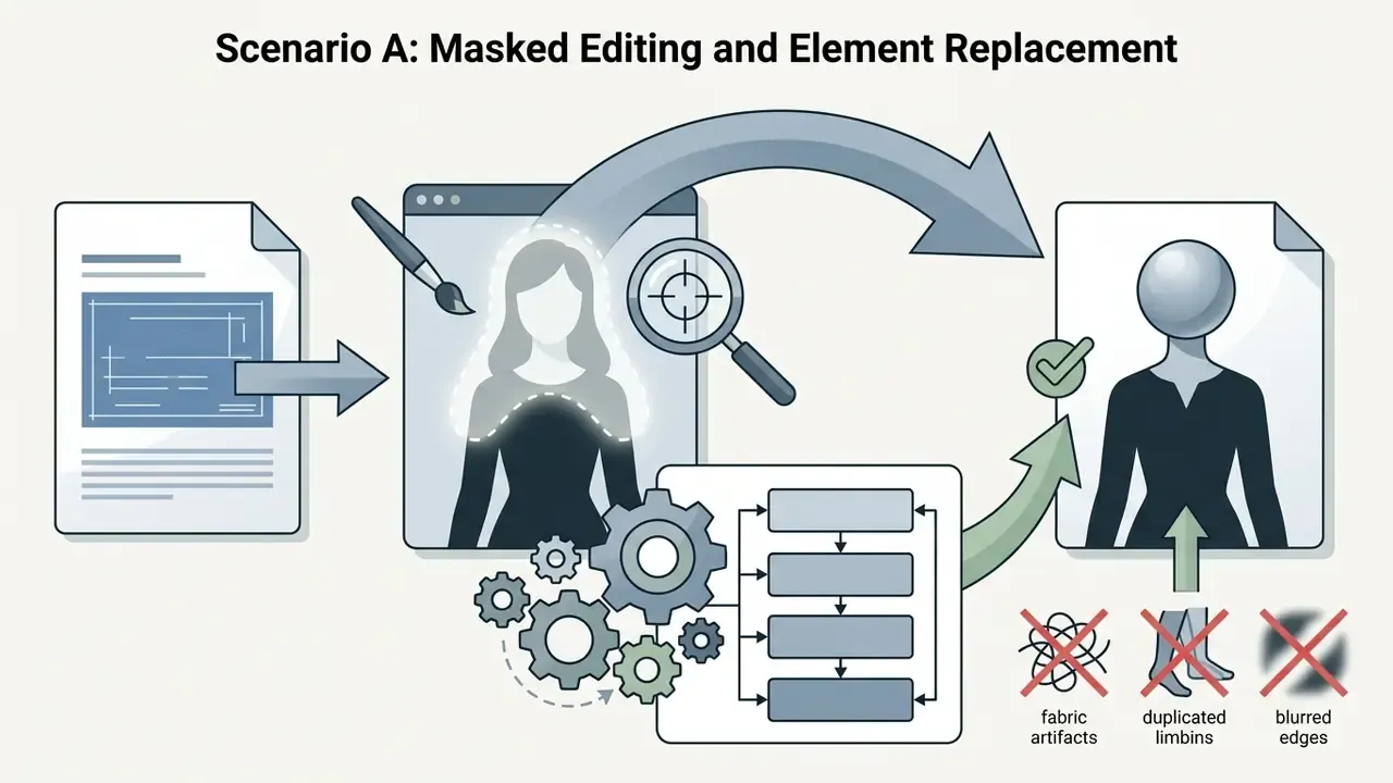 Document feeding into an image editor with gear icons and negative constraints for generative refinement