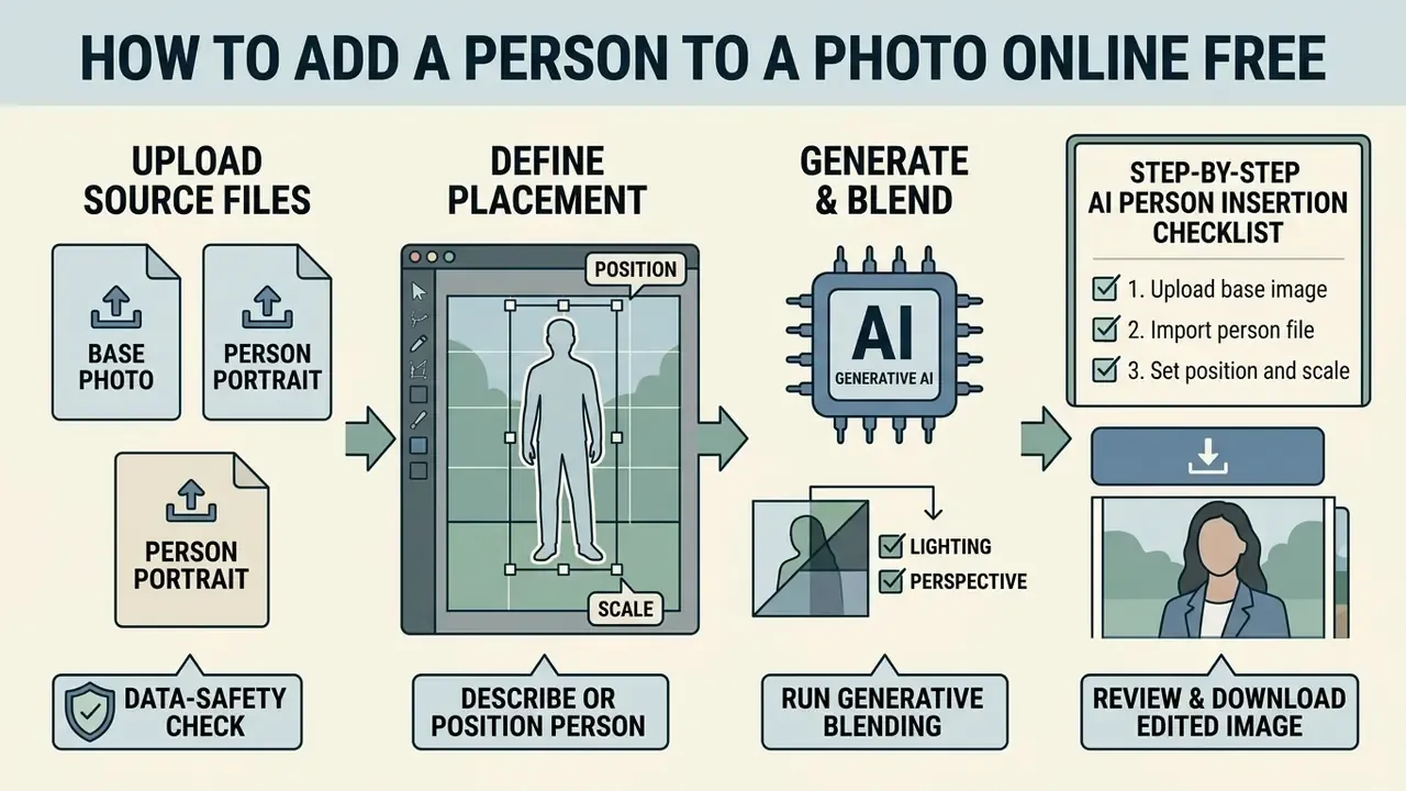 Four-step process to add a person to a photo online free by uploading files, positioning, and blending