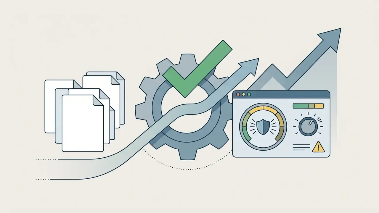 Contract documents flow through a gear system and checkmark to generate a status gauge and trend arrow