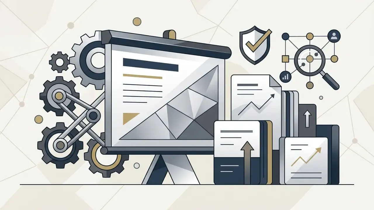 Gears and research documents feeding into a presentation screen as the best AI presentation maker 2024