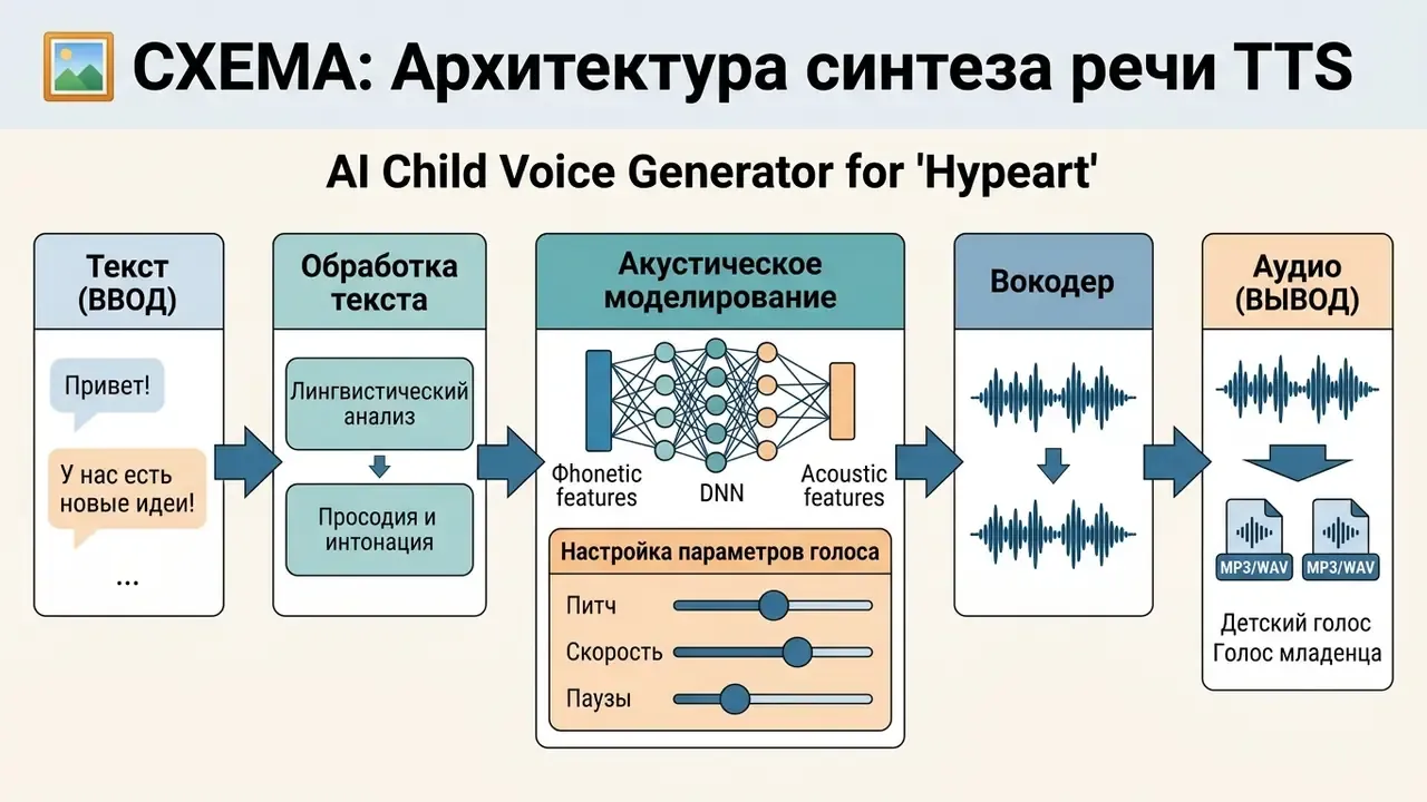 Flowchart showing the text to speech process for an AI child voice generator using acoustic modeling