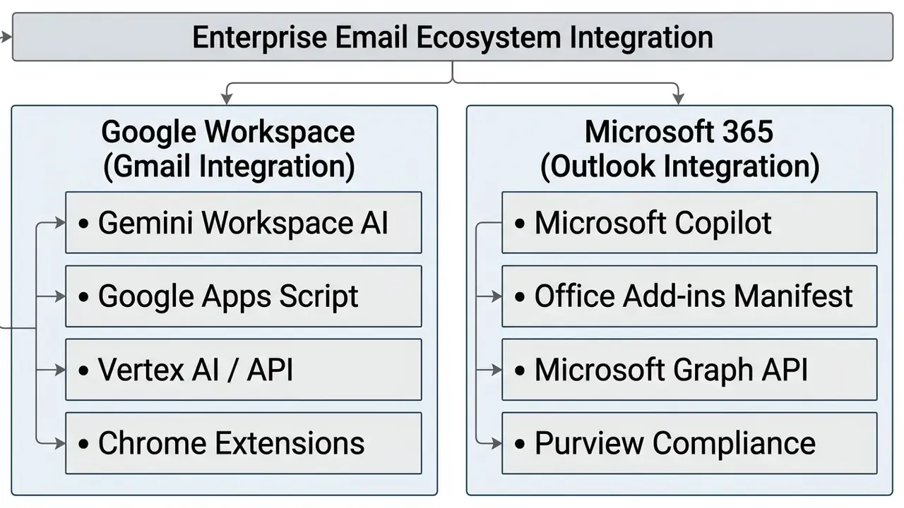 Structural diagram showing technical components for integrating Google Workspace and Microsoft 365