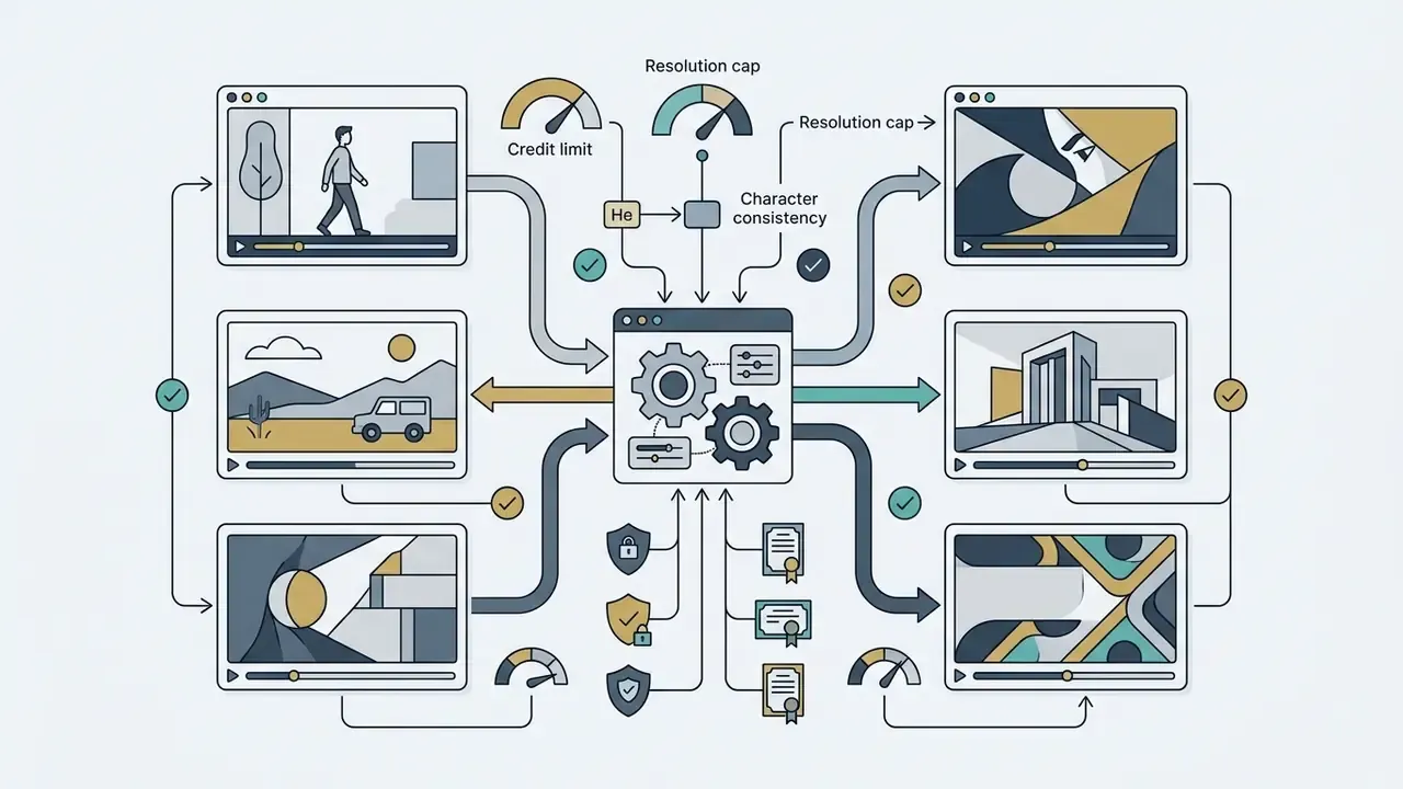 Central gear engine orchestrating multiple video scenes with settings for consistency and resolution