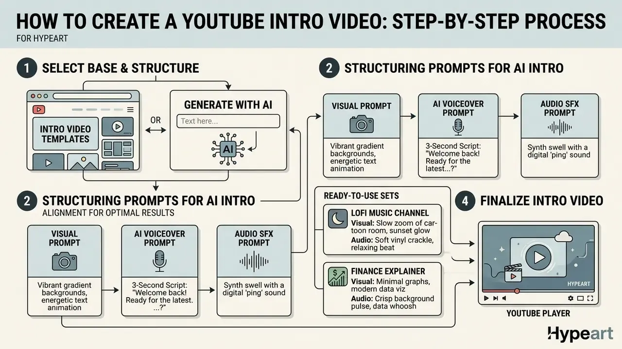 Flowchart detailing steps to create video intros using AI prompts and ready-to-use theme sets