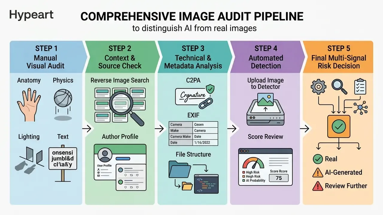 Sequential five step process for verifying digital content through manual inspection and automated tools