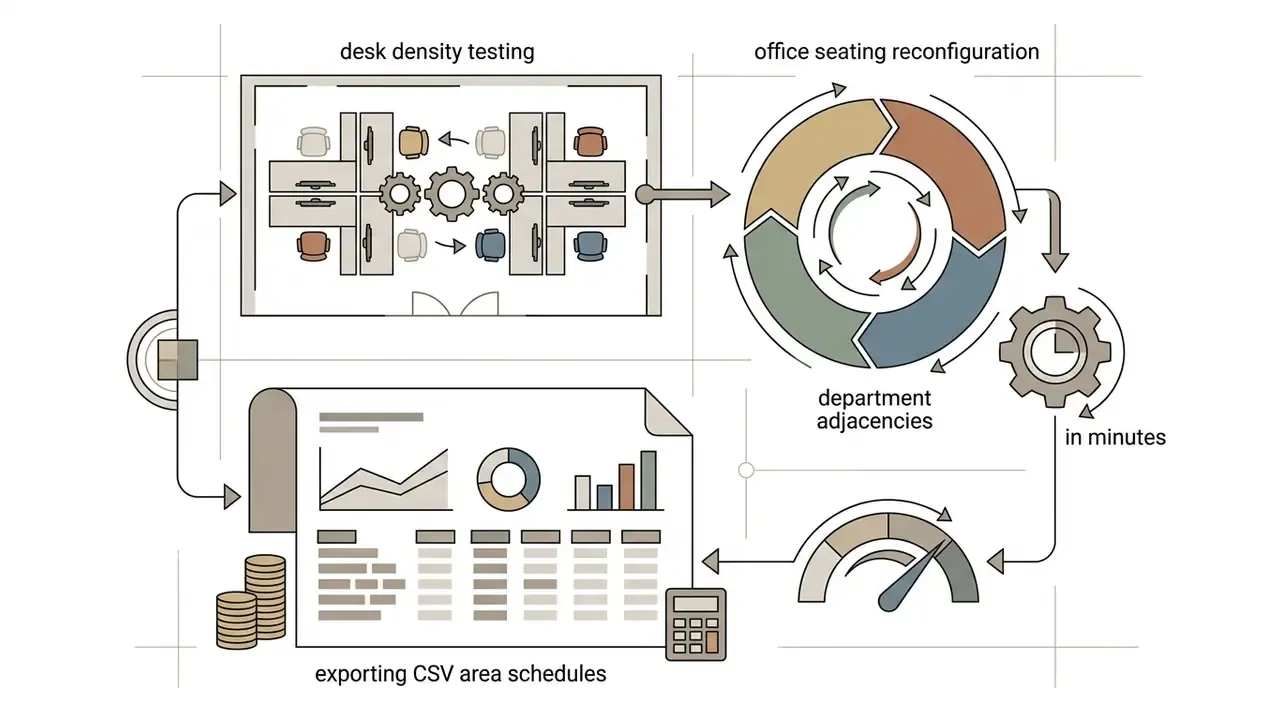 Office floor plan layout testing process with cyclical reconfiguration steps and CSV data output