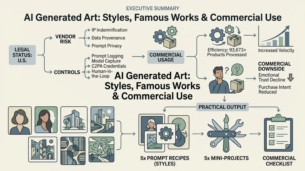 Infographic mapping the risks, commercial impacts, and practical workflow of using AI generated art