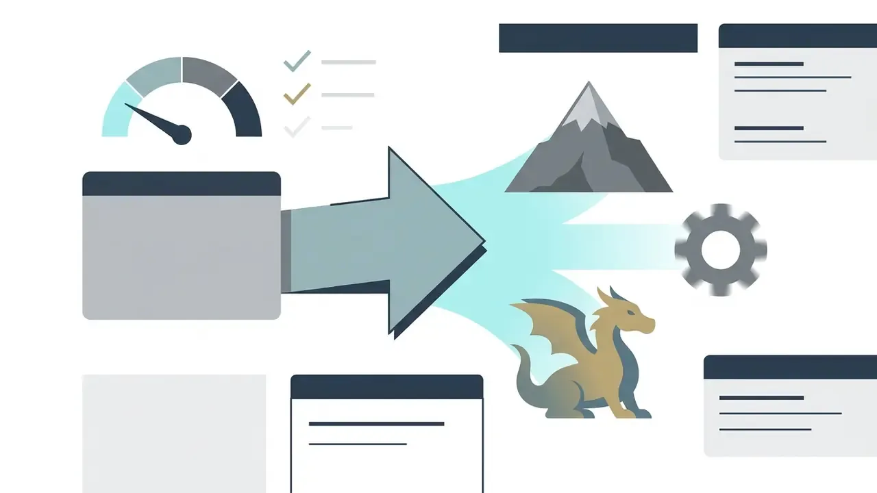 Large arrow pointing from a control panel toward icons of a mountain, a gear, and a dragon