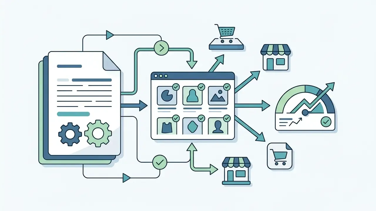 Document processing data feeding into a product grid that updates online stores and performance metrics