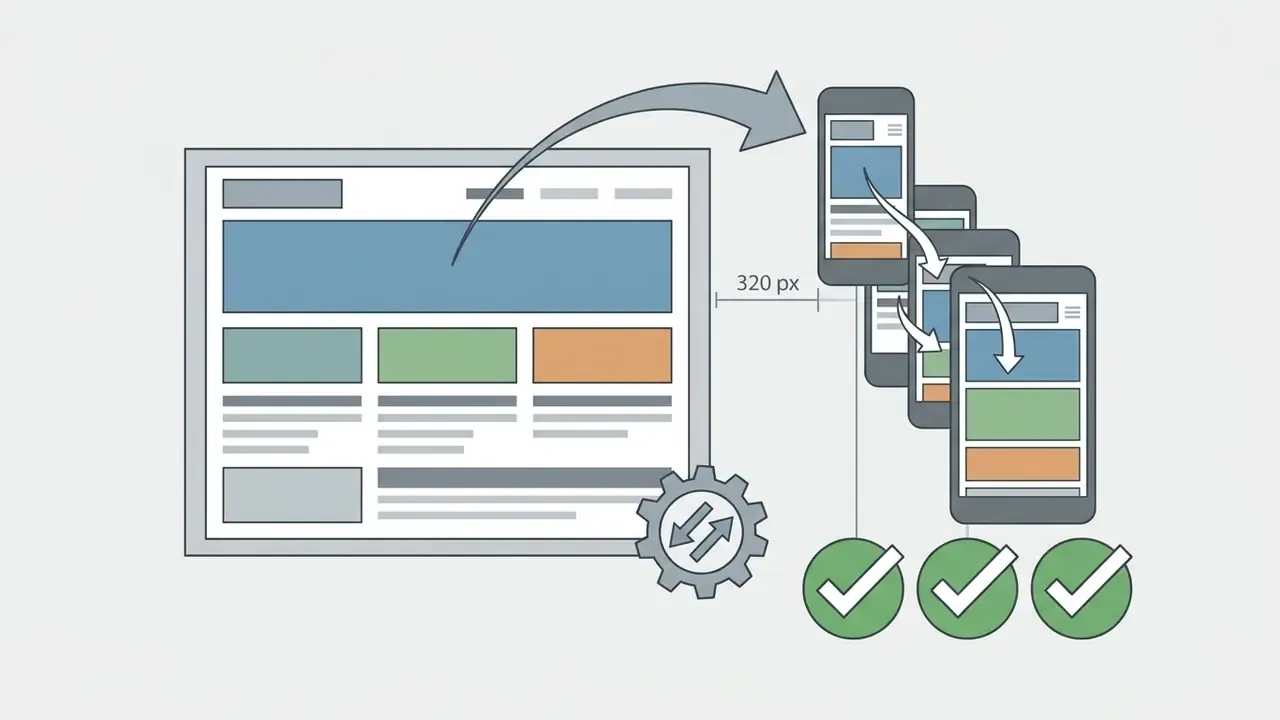 Desktop website layout transforming into a responsive mobile view with checkmarks for successful scaling