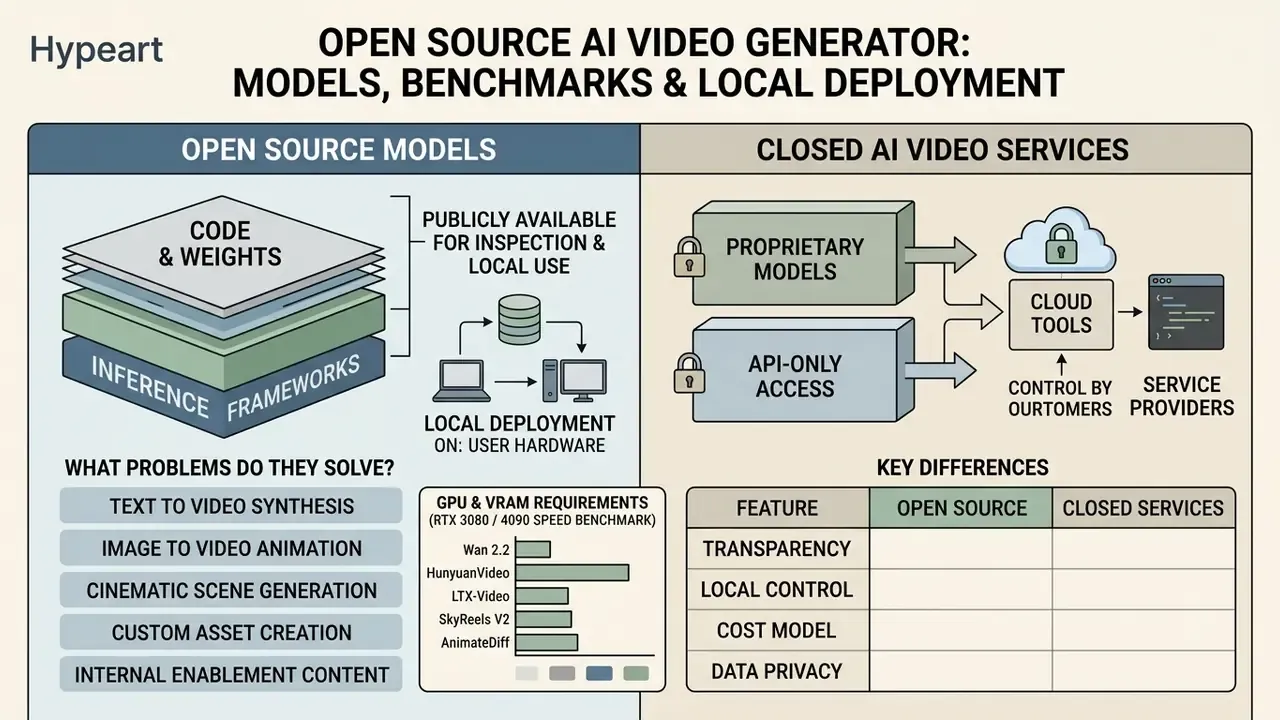 Comparison chart contrasting open source AI video models with closed services and their deployment methods