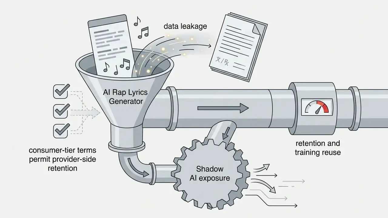 Funnel and pipe system showing lyrics leaking from a generator into external documents and gears