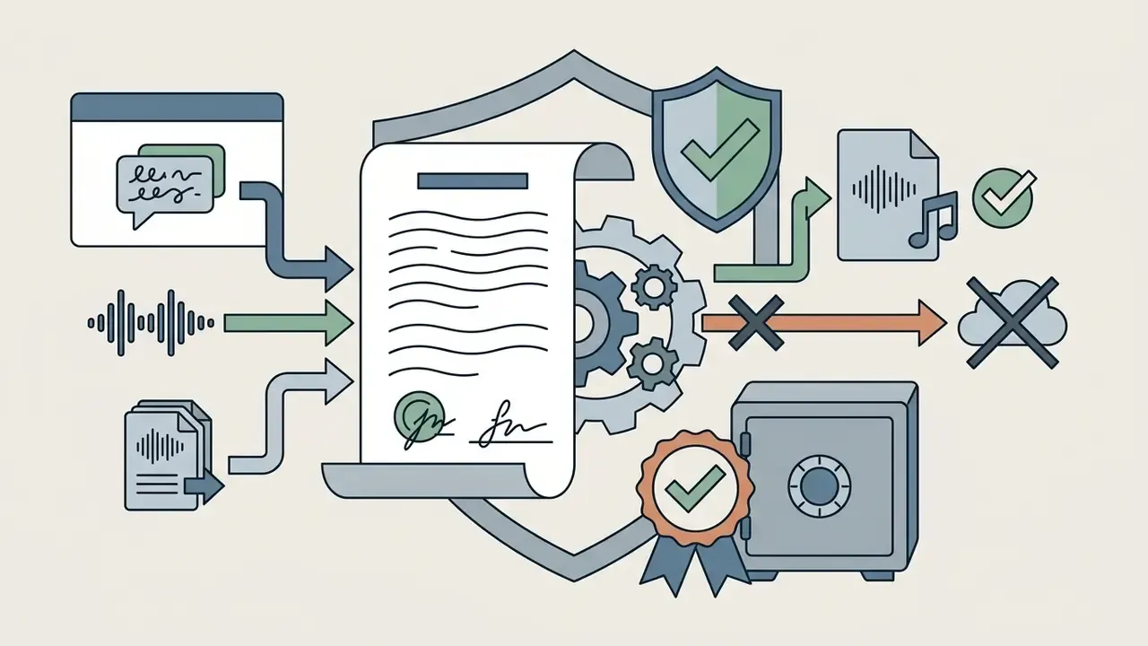 Inputs flowing into a legal contract and gear system leading to protected audio files and data storage