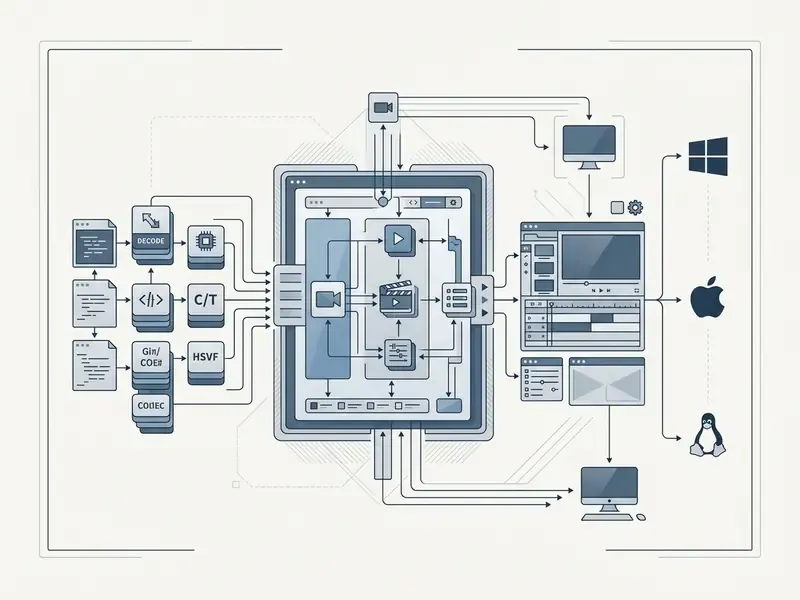 Schematic showing Shotcut media processing flow from FFmpeg and MLT components to the user interface