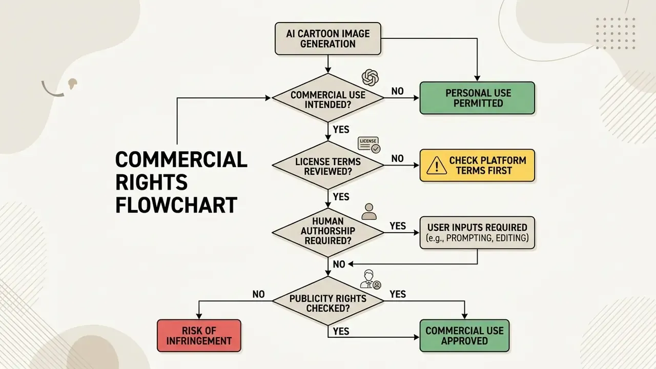 Decision tree mapping the legal requirements for using AI cartoon images in commercial projects