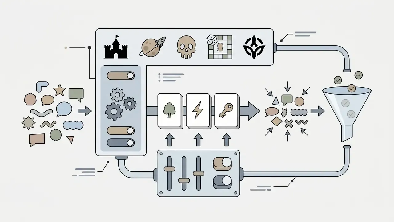 Icons representing genre settings and themes feeding into a processing unit that filters output ideas