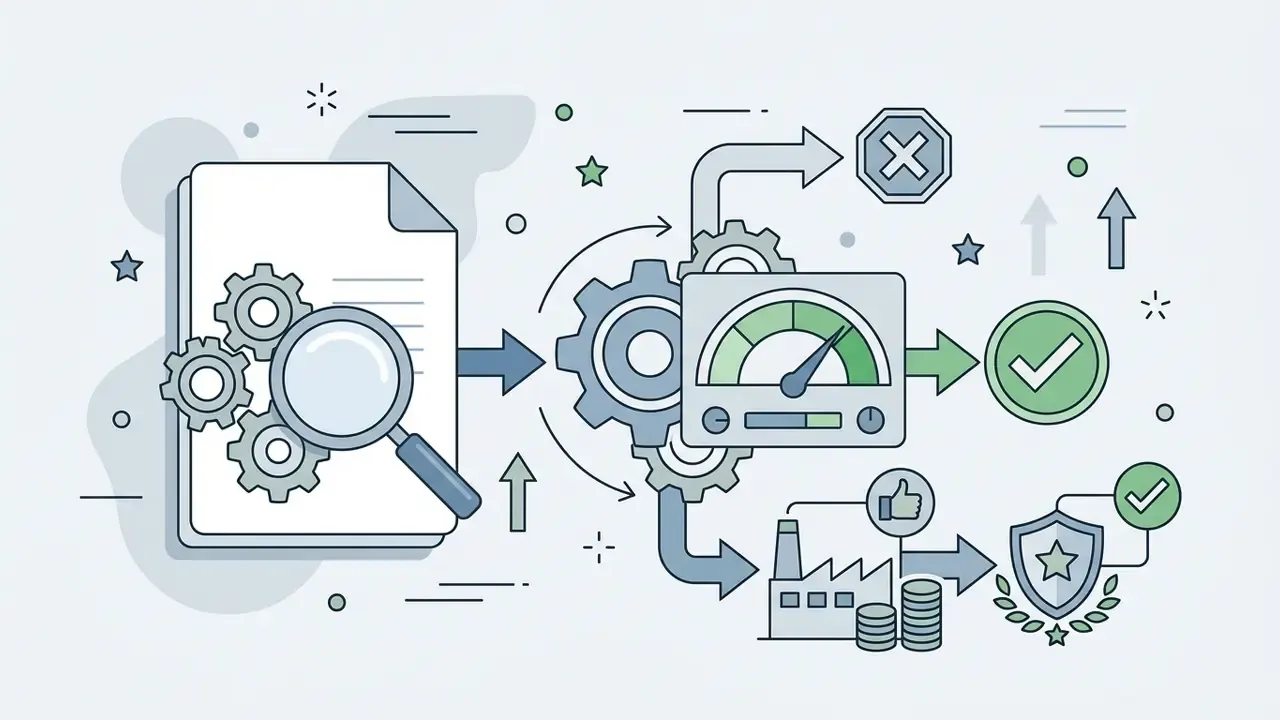 Document with gears and magnifying glass feeding into a gauge and factory icon leading to approval symbols