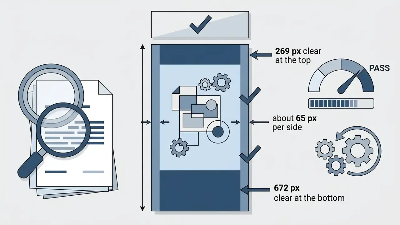 Vertical screen layout showing safe zones with pixel measurements for top, bottom, and side margins