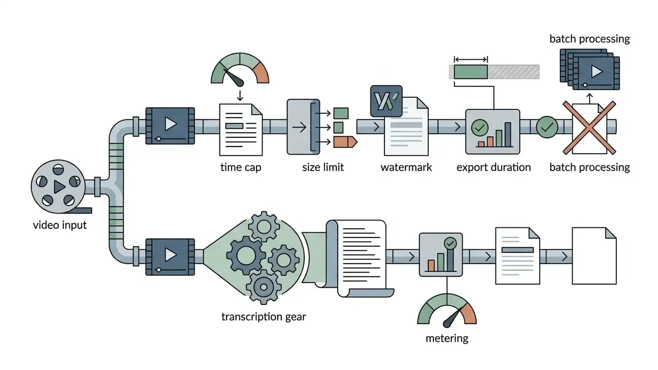 Split pathways showing video input limitations versus transcription processing and usage metering