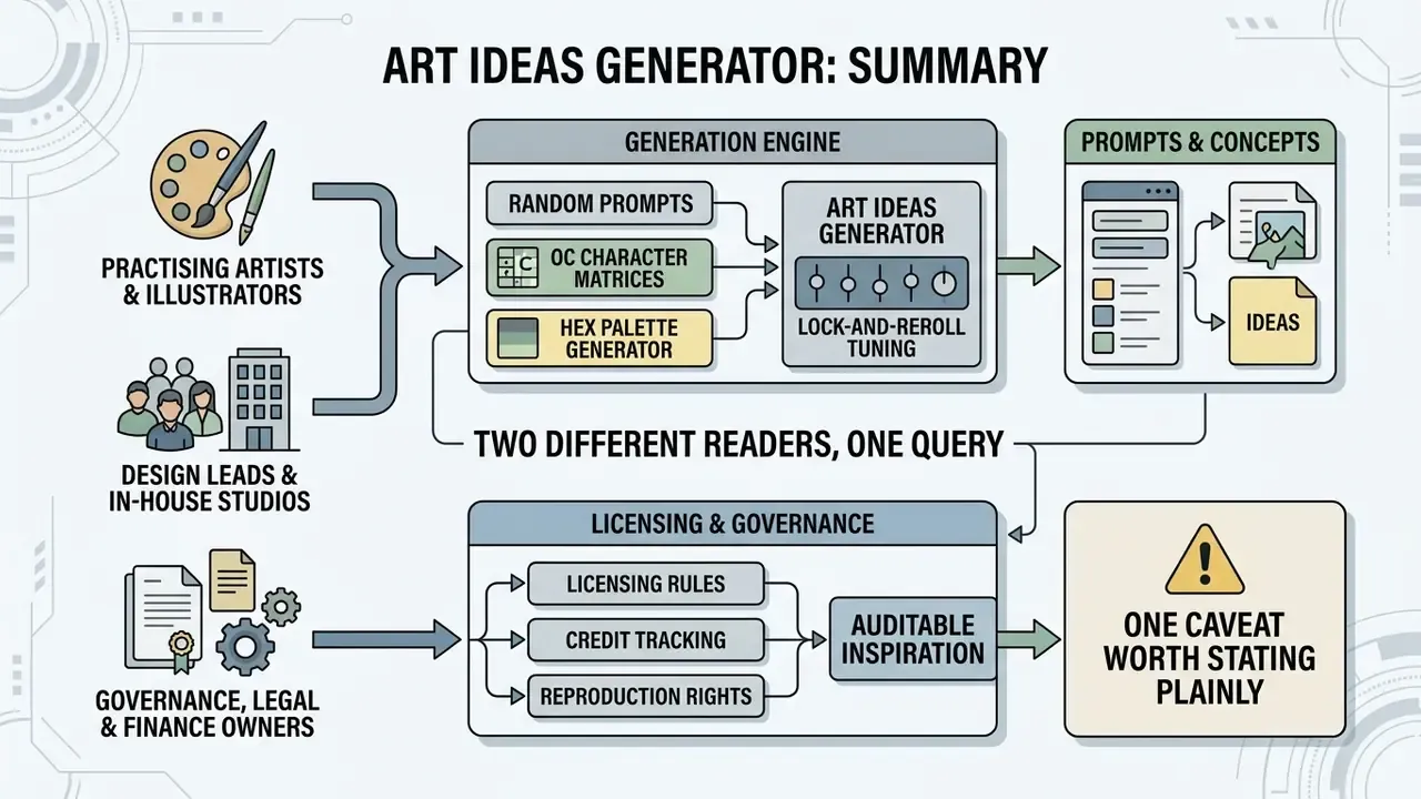Flowchart showing how diverse professionals use an art ideas generator for creative or legal workflows