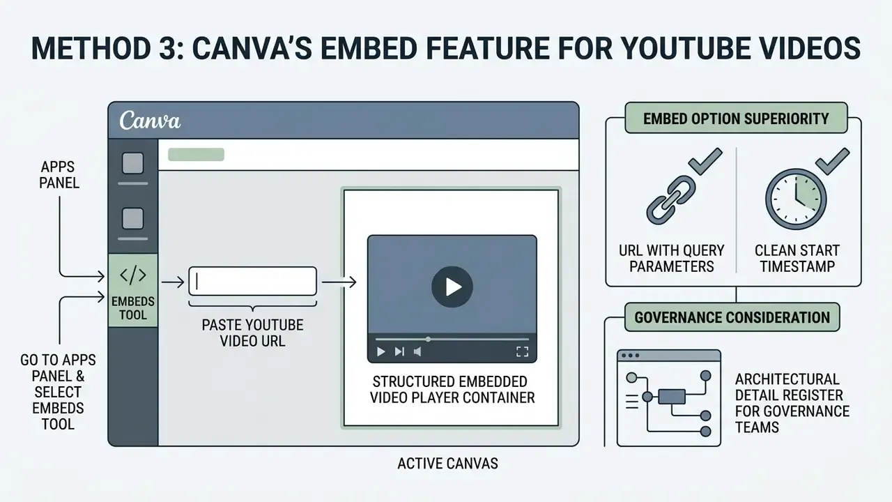Diagram showing how to insert a YouTube video into a Canva presentation using the Embeds tool